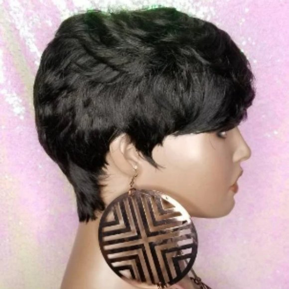 Razor Cut Pixie Cut Peruvian Remy Human Hair Wig Swoop Bang Black Hair Wig - Picture 3 of 7